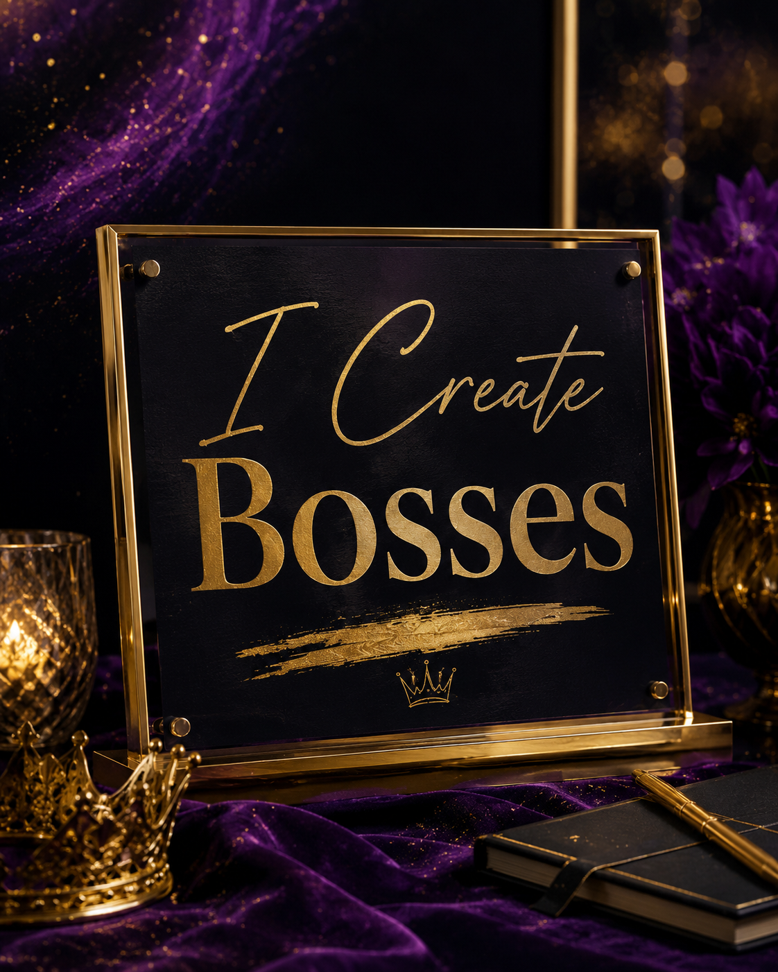 Decorative sign reading I Create Bosses, temporarily representing the founder portrait area
